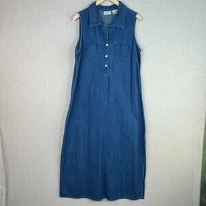 VTG Basic Edition Womens Denim 1/4 Button Maxi Dress Size L Country Western Jean